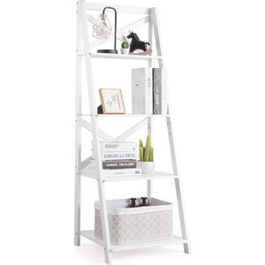Ladderrek met 4 planken, staand rek met gelakt oppervlak, multifunctioneel boekenrek, trappenrek van hout, voor woonkamer, keuken, badkamer, boekhandel (wit)