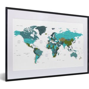 Fotolijst incl. Poster - Wereldkaart - Topografie - Blauw - 60x40 cm - Posterlijst