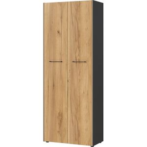 Hoge dichte kantoorkast Pytheas Eiken - Grafiet - Breedte 75 cm - Hoogte 196 cm - Diepte 40 cm - Met planken - Met openslaande deuren