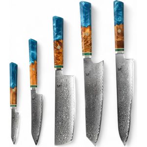 KAAMUT® Professionele 5 delige Messenset – 67 Lagen Damascus Staal, Vlijmscherp & Duurzaam – Sapphire Blauwe Epoxy & Eikenhouten Handvat - Luxe Geschenkverpakking