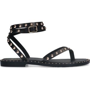 Sacha - Dames - Zwarte leren platte sandalen met studs - Maat 37