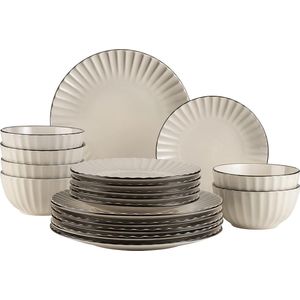 tafelservies voor 6 personen in romig wit met golfvorm, 18-delige ronde serviesset met platte borden, dessertborden en mueslischaal, eetserviesset, aardewerk