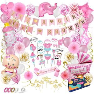 Fissaly 80 Stuks Babyshower Meisje & Gender Reveal Versiering – Baby Girl – Mommy to Be Party Decoratie Pakket