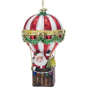 Kurt S. Adler Kerstornament - Luchtballon met Kerstman - glas - rood wit - 14cm