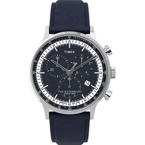 Timex Classic Chrono TW2U04700 Horloge - Leer - Blauw - Ø 40 mm