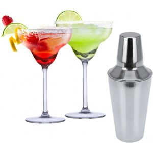 Set van 4x Margarita cocktailglazen met cocktailshaker RVS - 250 ml - Cocktails drinken - Cocktails