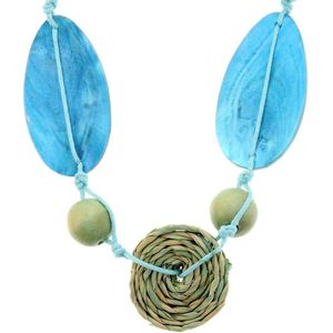 Behave Lange blauwe ketting met platte schelp kralen, gevlochten en houten kralen