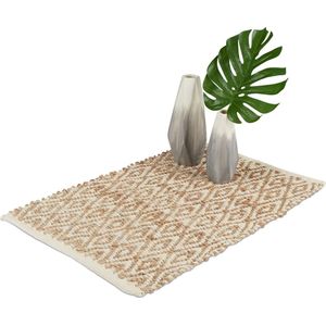 Relaxdays vloerkleed jute en katoen - binnenkleed - ruitjes - karpet - antislip - natuur - 120 x 180 cm