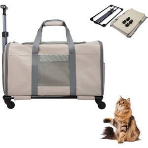 Serolux® - Draagzak hond - Reistas hond - Honden & Katten Trolley - Hondenbuggy - Katten Reismand - Grote capaciteit - 4 zwenkwielen - Opvouwbare - Meerdere draagopties - Ademend mesh - Tot 8kg - 60 × 40 × 35 cm - Beige