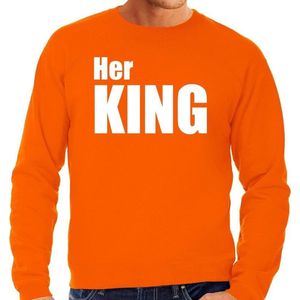 Her king sweater / trui oranje met witte letters voor heren - Koningsdag - fun tekst truien / Hollandse sweaters S