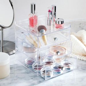 Ladebox voor cosmetica - compacte make-uporganizer met 3 laden - kunststof - stapelbare ladetoren - make-up cosmetica transparant - spiegel