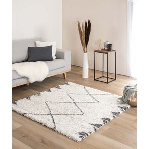 Vierkant hoogpolig vloerkleed berber Artisan - wit/grijs 100x100 cm
