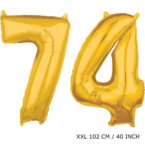 Mega grote XXL gouden folie ballon cijfer 74 jaar. Leeftijd verjaardag 74 jaar. 102 cm 40 inch. Met rietje om ballonnen mee op te blazen.