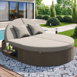 Rotan dubbele ligstoel, ligbed voor buiten, tuinstoel met zijplank, dubbele ligstoel 2-persoons klaptafel, tuin relax ligstoel, individueel verstelbare hoek buitenbank