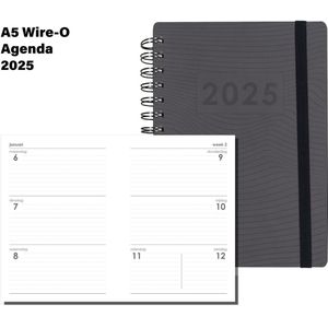 MGPcards - A5 Agenda 2025 - Wire-O - Sluiting Elastiek - Ruime vakken - Foliedruk - 1w/2p - Antraciet - 14,8 x 21 cm