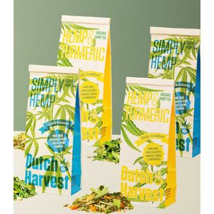 Hennep Thee - Voordeelset Inclusief Glazen Voorraadpot - 4x Biologische Hennepthee smaken - 2x Puur + 2x Kurkuma - Losse Thee - 4x 40 kopjes - Cafeïnevrij - 100% Biologisch en Natuurlijk - Dutch Harvest