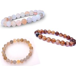 Bixorp Gems Botswana Agaat Armbanden Set - Wit + Grijs + Koffie Kralenarmband