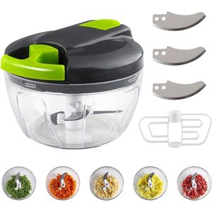 Handmatige Uiensnijder 520 ml - Grijze Groentesnijder met Trekkoord - Multifunctionele Hakmolen - Mini Groente Chopper - 3 Messen en 1 Blender