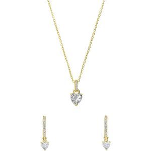 Lucardi - Dames Zilveren goldplated sieradenset ketting en oorringen hart zirkonia - Moederdag Cadeautje Set - 925 Zilver - Goudkleurig