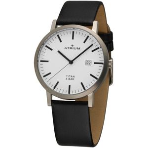 ATRIUM Horloge - Heren - Zilver/ Zwart - Analoog - 5 bar - Titanium - Lederen bandje - Verstelbaar - Datum - Quartz uurwerk - Edelstalen Sluiting - A40-13