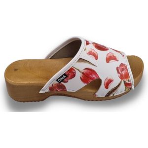 Houten sandalen met upper van leer - Rode tulpen print - veel grip en comfortabele instap - maat 39