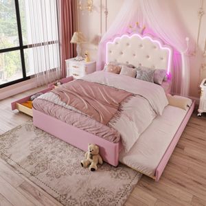 Bekledingsbed, 140 x 200 cm, met latframe (zonder matras), sfeerverlichting met afstandsbediening, kroonprinses, uittrekbare bed, 2 laden, materiaal PU, roze