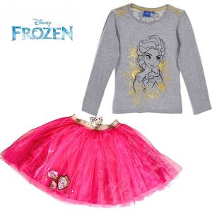 Disney Frozen luxe set - tule rok + longsleeve met goudprint - roze/grijs - maat 122/128 (8 jaar)