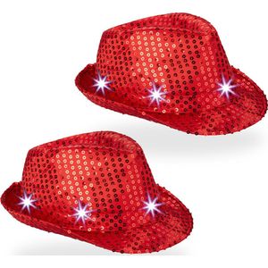 Relaxdays glitter hoed - set van 2 - lichtgevend - met led - pailletten - feest - rood