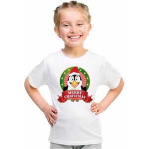 Kerst t-shirt voor kinderen met pinguin print - wit - shirt voor jongens en meisjes 134/140
