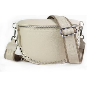 Leren dames heuptas met studs SET | Bumbag inclusief 2X schouderband | Beige | ECHT LEER