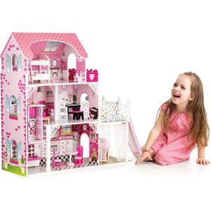 Poppenhuis roze - 3 verdiepingen - 71x33x90 cm - met glijbaan