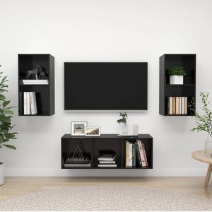The Living Store Televisiewandmeubelset Black - 3-delig- 37 x 37 x 72 cm - 107 cm - Muurbevestiging - Hoogglans zwart