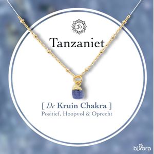 Bixorp Gems Ruwe Tanzaniet Kruin Chakra Ketting - 18 Karaat Verguld Goud & Roestvrij Staal - 36cm + 8cm verstelbaar