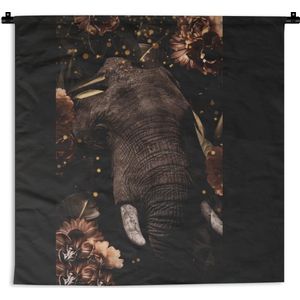 Wandkleed - Olifant - Dieren - Bloemen - Licht - 60x60 cm - Wandtapijt