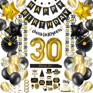 Partizzle 30 Jaar Feest Verjaardag Versiering Set - Happy Birthday Slinger & Ballonnen - Decoratie Man Vrouw - Zwart en Goud