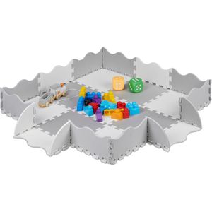 Relaxdays 25-delige speelmat met rand - puzzelmat kinderkamer - speeltegels - vloerpuzzel - grijs