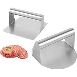 Set van 2 burgerpersen, 17,5 cm roestvrijstalen smashburgerpers, ronde/vierkante smashburgerset voor heerlijke hamburgers, pasteitjes, barbecue en knijpvet
