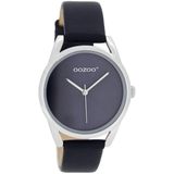 OOZOO Timepieces - Zilverkleurige horloge met donker blauwe leren band - JR293