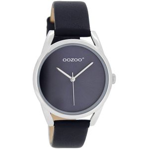 OOZOO Timepieces - Zilverkleurige horloge met donker blauwe leren band - JR293
