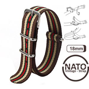 18mm Nato Strap Bruin Rood Cremé streep - Vintage James Bond - Nato Strap collectie - Mannen - Horlogebanden -  - 18 mm bandbreedte voor oa. Seiko Rolex Omega Casio en Citizen