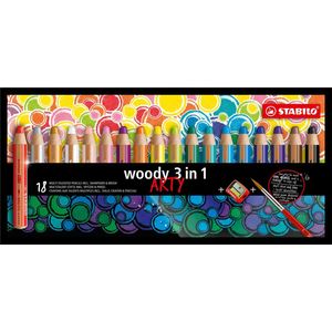 STABILO Woody 3 in 1 - Multi Talent Kleurpotlood - Etui Met 18 Kleuren + puntenslijper + penseel