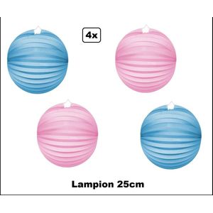 4x Lampion Licht blauw en roze 25cm - festival thema feest verjaardag party papier BBQ strand licht fun