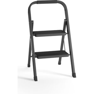 RMBO - Keukentrap - 2 treden - 80 cm hoog - Huishoudtrap - Opstapje - Stalen inklapbare keukentrap met antislip treden - Zwart