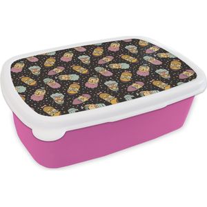 Broodtrommel Roze - Lunchbox - Brooddoos - Patronen - Baard - Gezicht - Jongens - Kinderen - Kids - 18x12x6 cm - Kinderen - Meisje