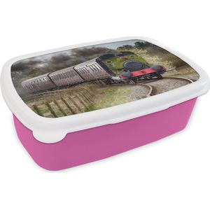 Broodtrommel Roze - Lunchbox - Brooddoos - Vooraanzicht van een stoomlocomotief - 18x12x6 cm - Kinderen - Meisje