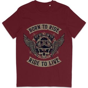 Heren en Dames T Shirt - Motorrijder - Born To Ride - Bordeaux Rood - 3XL