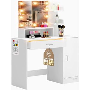Kaptafel met LED Verlichting 90x40x140cm | Modern Houten Cosmetica Tafel met Spiegel en Lades | Slaapkamer Make-up Meubel