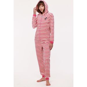 Woody onesie velours unisex - fuchsia gestreept - kalkoen - 232-10-ONE-V/927 - maat 176