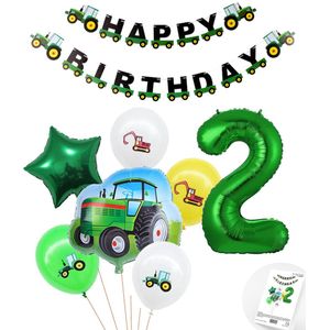 Cijfer ballon 2 jaar Trekker - Tractor Plus Pakket Inclusief Happy Birthday Slinger - Boer - Boerderij - Themafeest Ballonnenpakket - Groen - Helium Ballon - Snoes