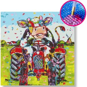 Koe op de trekker | Diamond painting | 50x50cm | Vierkante steentjes | Los canvas | Vrolijk Schilderij | Corrie Leushuis